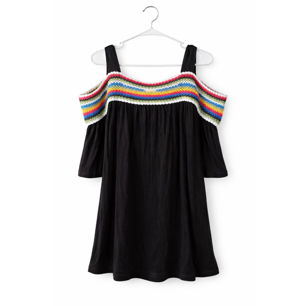 Cha Cha Vente Boho Crochet Off Shoulder Top Black Colorful Trim Medium Festival